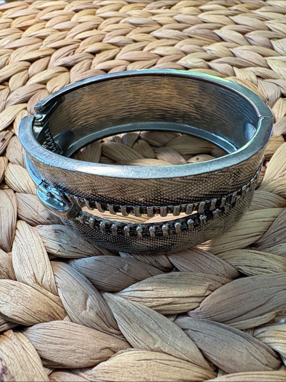 Silver Tone Textured Zip-Accent Bangle Bracelet, Hinged, Good Condition